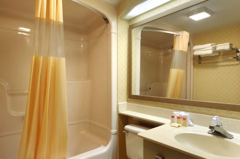 Combined shower/tub, deep soaking tub, free toiletries, hair dryer