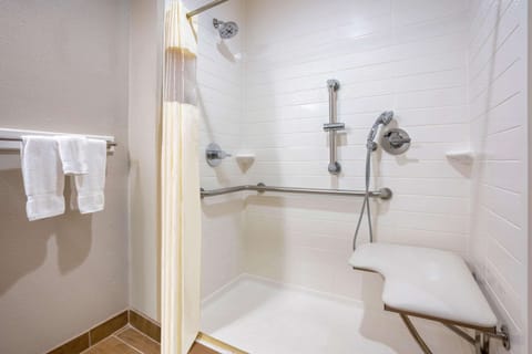 Combined shower/tub, free toiletries, hair dryer, towels