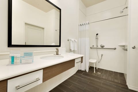 Studio, Accessible, Non Smoking (Roll-in Shower) | Bathroom | Hair dryer, towels