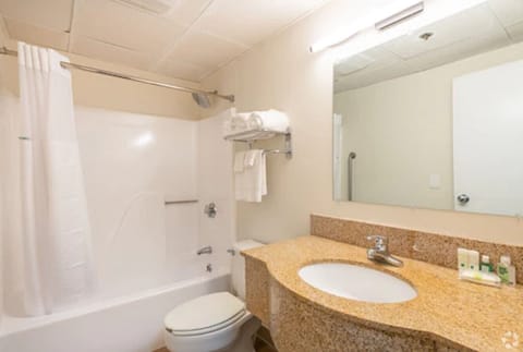 Combined shower/tub, free toiletries, hair dryer, towels