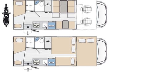 Two single bunks at the rear, Dining area converts to a double bed, Dining area converts to a short single bed, Overcab double bed