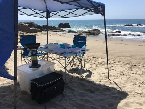 Have a beach party - even if the camper has to stay at the parking lot. Full set of camping essentials included in the price. 
