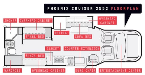 Layout of Phoenix Cruiser 2552.   Built on the E-450. With rear twin beds, a standard slide, the 2552 model has quickly become a favorite. The 2552 has an additional reclining chair that allows you to live in comfort while driving an RV that will take you anywhere. 