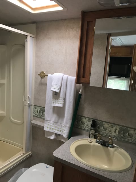 Bathroom has sink, shower, commode. Commode uses RV approved fast-dissolving toilet paper.