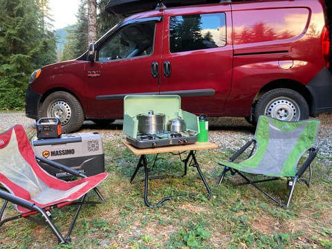 Just some of the options - chairs, table, stove and cooking supplies (not all pictured), Refrigerator/freezer! - and battery pack.