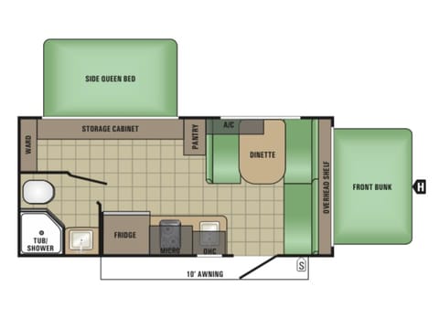 Overview of unit.  Smaller bed up front, larger bed toward back.