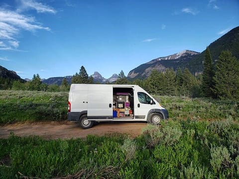 The van in its element.  The Tetons in the background 