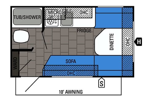 Original layout of trailer. Note that sofa is now removed and converted to workspace. 