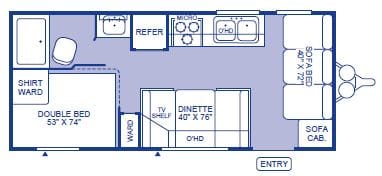 Floor Plan. There is an additional bunk bed above the double bed. 