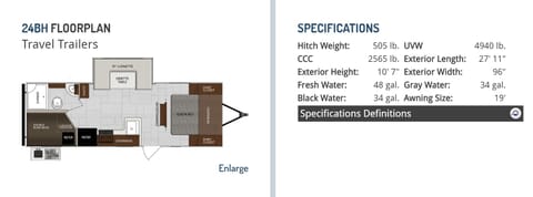 Plan and specifications.  Showing a length of 27'11", sleeping 5/7, under 5,000 lbs 