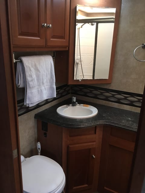 Bathroom has sink, toilet and full shower