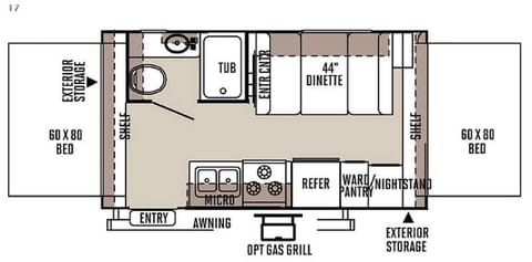 Floor Plan - two private queen size beds and a collapsible dinette bed