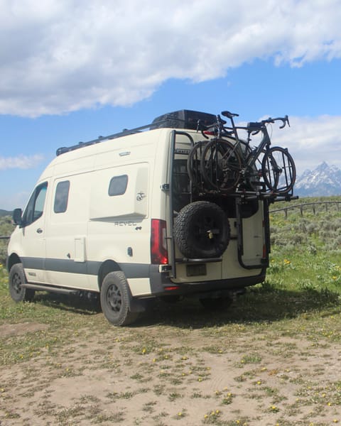Equipped the Revel with top of the line  gear from Owl Vans: 1 up bike rack (x2),  ladder, Large external Expedition storage box