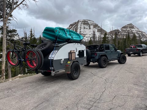 Bike rack, fat tire bikes, spare tire, full solar system, extra water, and more! This trailer can go anywhere with its oversized tires!