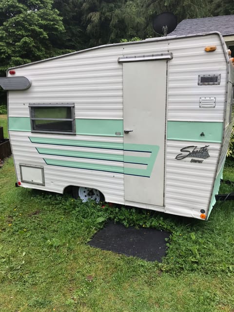 Adventure awaits in "Fern" the vintage Shasta Compact Towable trailer in Beaverton