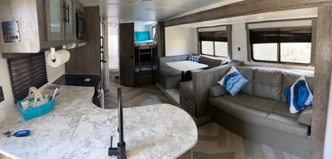 Panoramic view of the inside of trailer