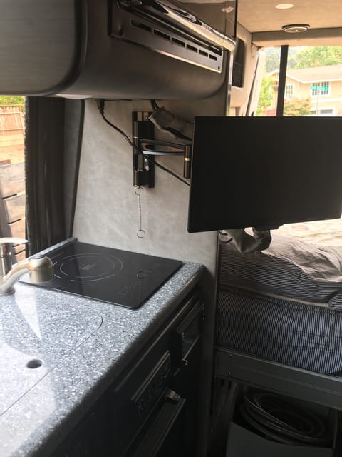 Induction burner and TV on swivel stand