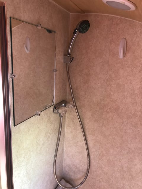 Shower and bathroom mirror.