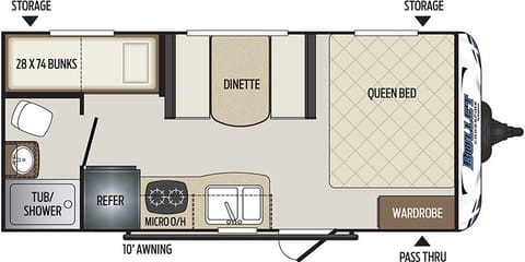 One queen bed, a dinette that converts into a double bed and a bunk bed with oversized singles. Washroom with full sink in the rear. Full kitchen.