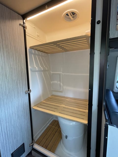 Need more storage?  The bathroom doubles as a storage area while driving to your next destination.