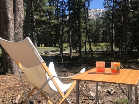 Relaxing outside of the Airstream after a long day of climbing in Tuolumne with Campari spritz.