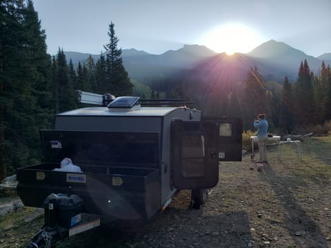 You can set up camp with a separate cooking station and utilize the trailer lockbox to keep your belongings safe. We are in bear country!