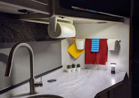 The kitchen sink and counter is very large and designed to double as a computer work station. This faucet has the extendable spray feature.