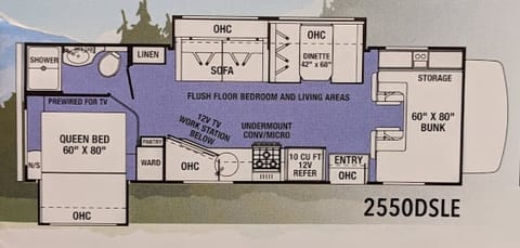 "Chica's" floor plan gives you room to move about the cabin even with the slides retracted. Note the seatbelt locations. "OHC" = Overhead Cabinet