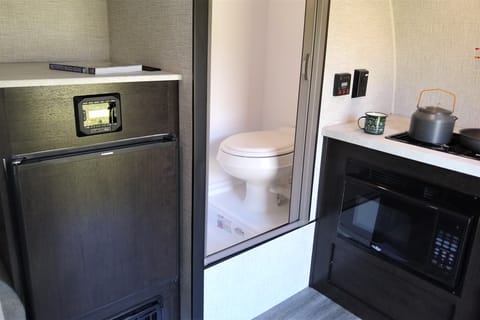 Radio/bluetooth, wet bath, countertop, and half-height fridge along the left wall