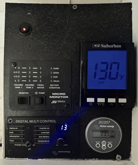 Introducing the power switchboard with Micro Monitor functionality. This centralized control panel manages the water heater, water pump, power outlets, and heater, providing convenient access to all essential functions. Additionally, monitor water tank and battery levels for added peace of mind during your travels.