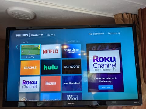 TV with Roku.  Just bring along your wifi to make it work.