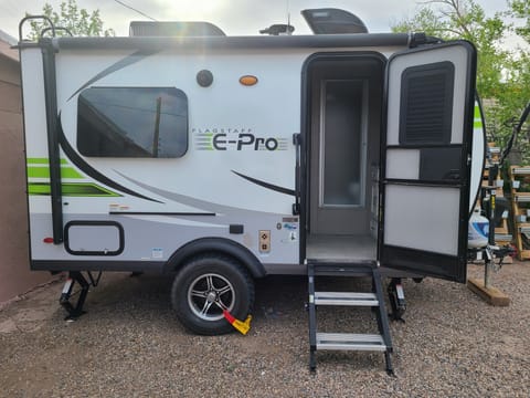 The 2020 E-pro with offroading package, bike rack, and complete off-grid capabilities including a hot water heater and outdoor shower.