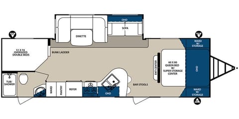 camper layout. Both top and bottom bunks are double beds.  Dinette and sofa convert (sofa is probably too small for adult to sleep comfortably)