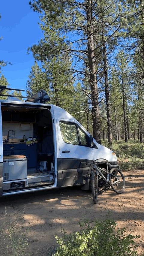 Bend, Oregon in the Deschutes National Forest. Blackout curtains keep the interior cool after a long, dusty trail ride. 
