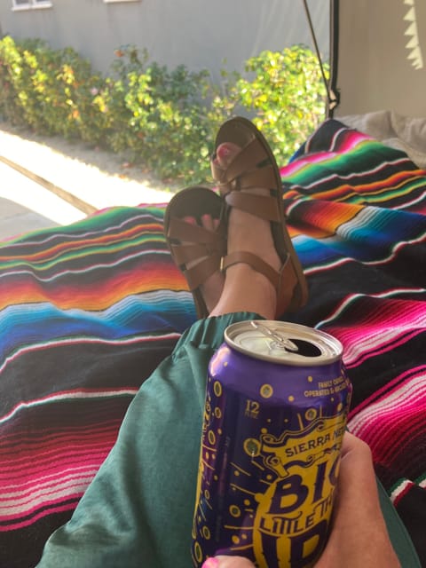 Visiting friends but want your own space? Bring an RV and park in their driveway. Here is me having a secret beer away from the busy house. SHHH :)