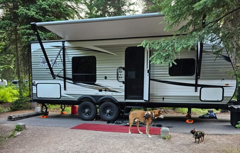 Fully extended awning. We are pet friendly! Duke and Charlie would love to share our Jayco with you this weekend!