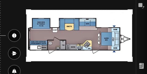 Floor plan - 3 corrections: no pantry next to refrigerator. 2 bunks 70x30, a fold out sofa no trundle bed