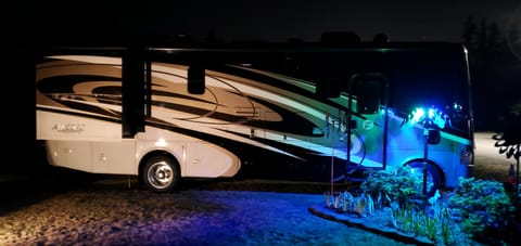 Pic of Motor Home up at night.