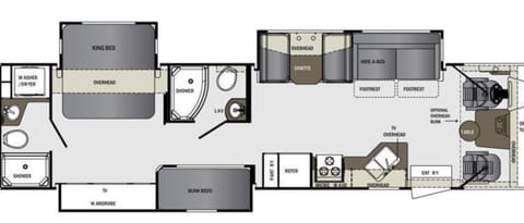Full layout diagram. 2 complete bathrooms with showers. Bunk beds and more. 