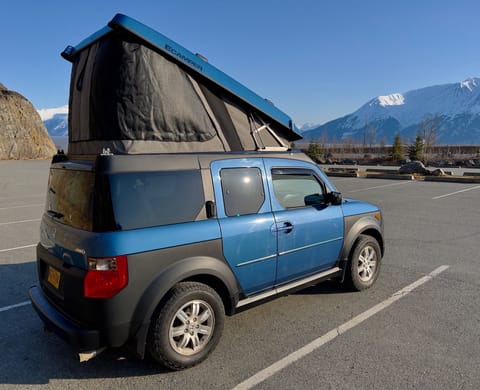 Along Turnagain Arm on the Seward Highway, the eCamper's sleeping loft extended. Normal entry is from the cargo area of the Element's main deck. 