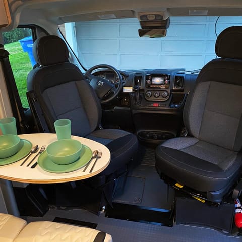 Really makes a small van feel big when the front seats swivel around! I like to spin them around as part of my camp setup.