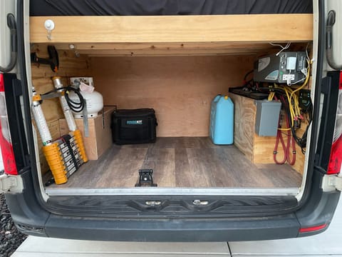 Tons of storage space under the bed, which is accessible from the back. Clip in available for a bike.