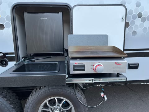 Outdoor fridge with griddle, Propane attachment, and sink