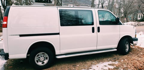 Van has a slider door on the side, which makes accessing the cabin super easy in tight parking spots! No need to have room to swing the doors open.