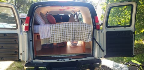 View from the back of the van, plenty of under bed storage.