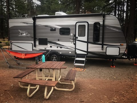 The trailer is the perfect size to tow and easily park while providing a comfortable environment to cook, sleep and clean up!
