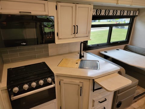 Sink, gas range, oven and microwave 