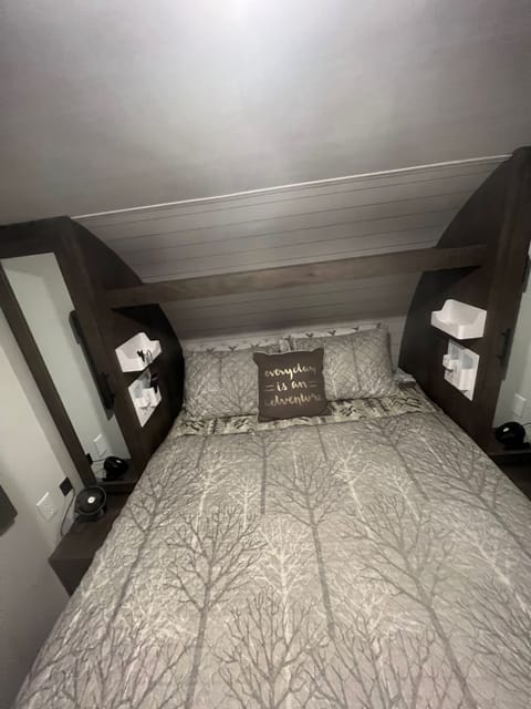 3 drawers in each closet and hangers, 2 mini clip on fans, book light and collapsible hamper. 