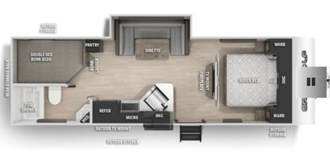 Functional spacious layout with one tip out. Private queen bedroom, double over double bunks and 2nd entrance via washroom