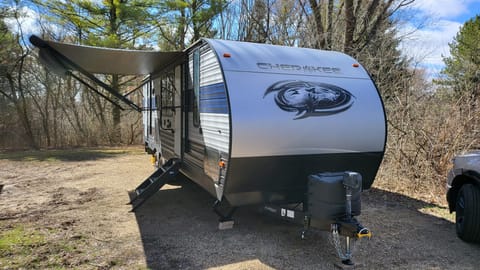 A 3/4 front view of the camper.